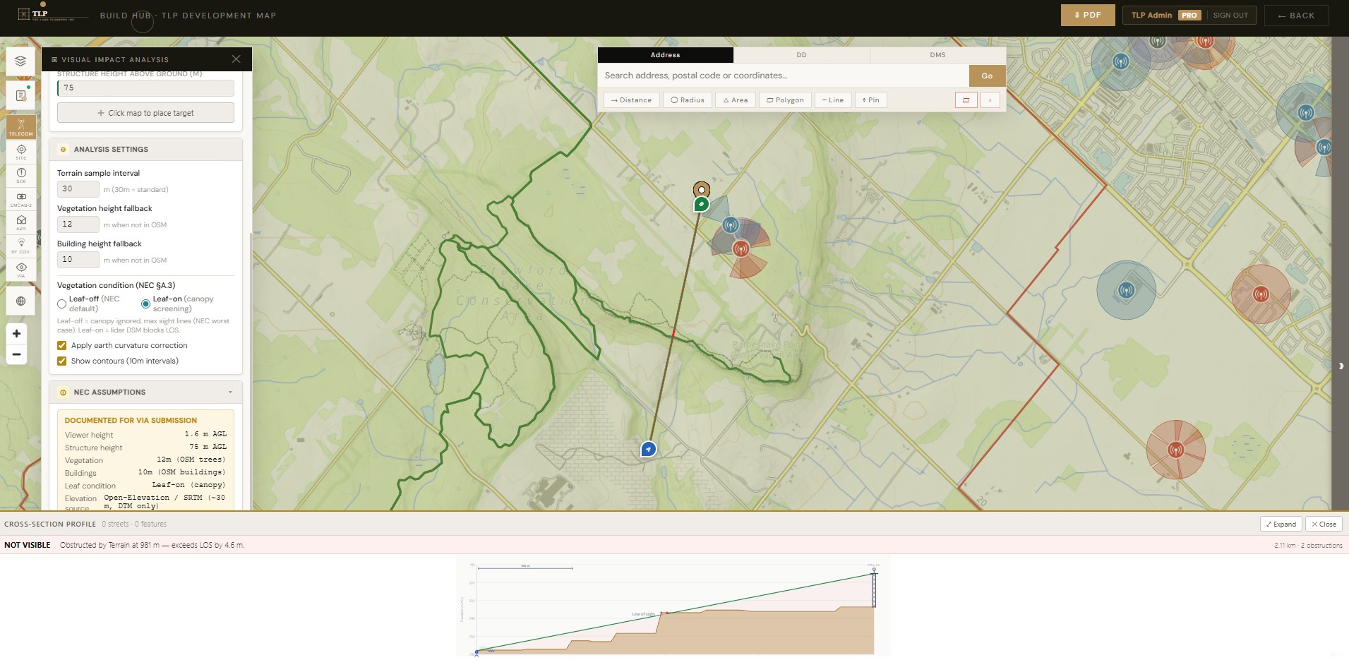 Visual Impact Analysis tool showing terrain cross-section, line of sight, and obstruction reporting