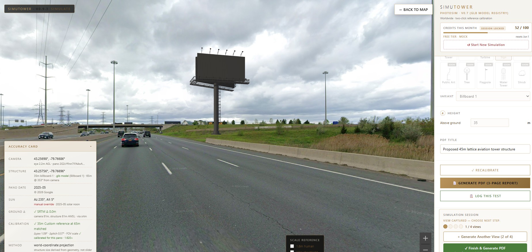 SimuTower photo simulation of a 35-metre digital billboard along a highway corridor