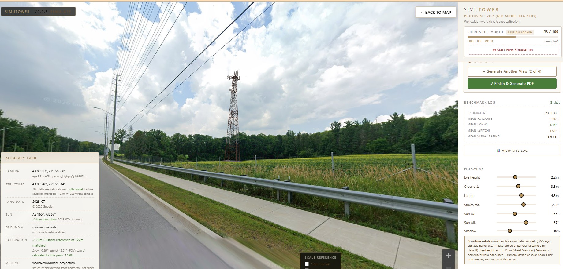 SimuTower photo simulation of a 70-metre aviation-marked lattice telecom tower in a rural setting