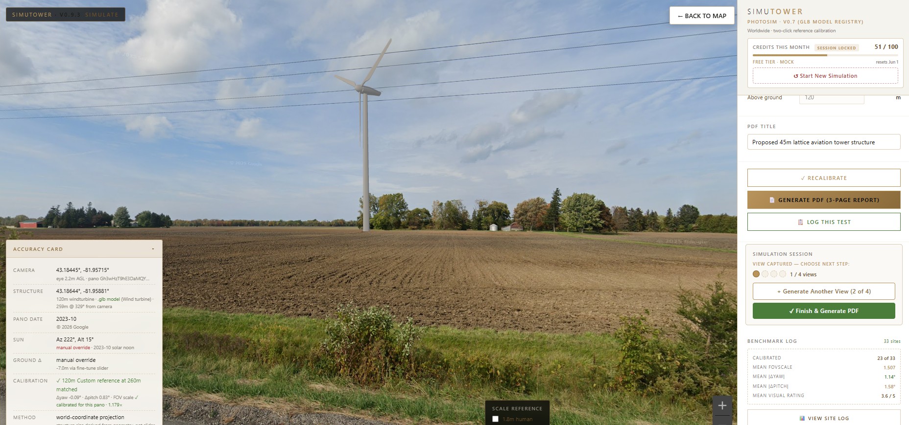 SimuTower photo simulation of a 120-metre wind turbine in an open agricultural setting